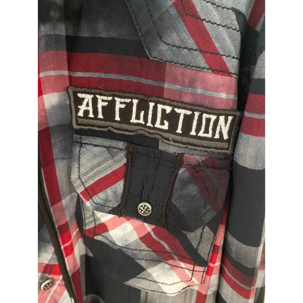 Affliction Button Down Men Large Red Grey Plaid Slim Black Premium Biker Shirt - Picture 6 of 10
